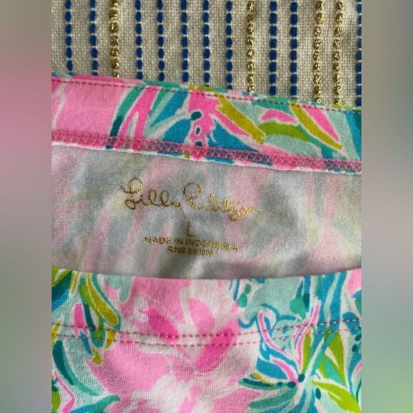 Lilly Pulitzer Multicolor Dress Sz L Gold Button Shoulder & Cuff Accents Stretch - Picture 4 of 10